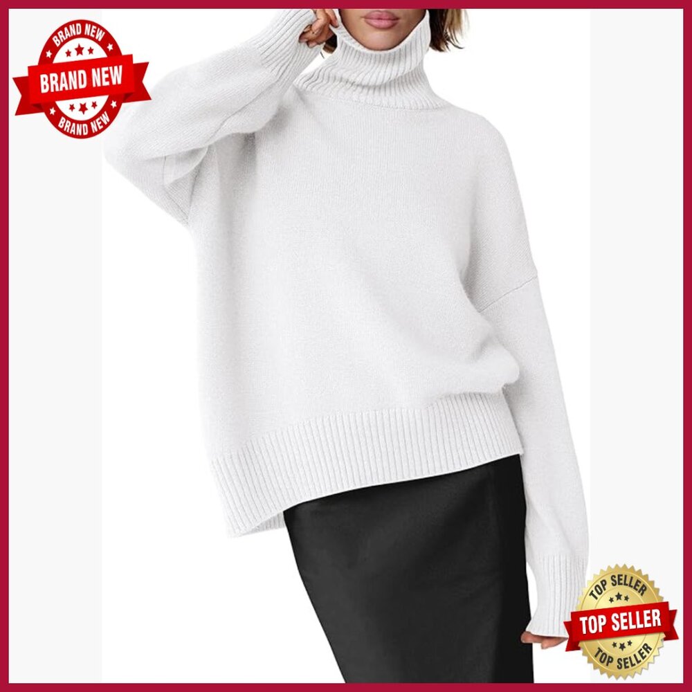 Oversized Turtleneck Sweater Chunky Knit High Low Hem Pullover Top